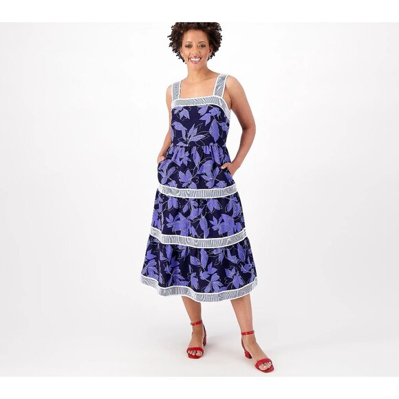 Isaac Mizrahi Live Regular Printed Tiered Midi Dress Women 12 Dark Navy Blue NEW - Picture 1 of 8